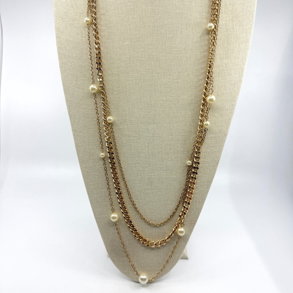 Gold Tone Layered Chain Necklace with Faux Pearls - Boho Chic Statement